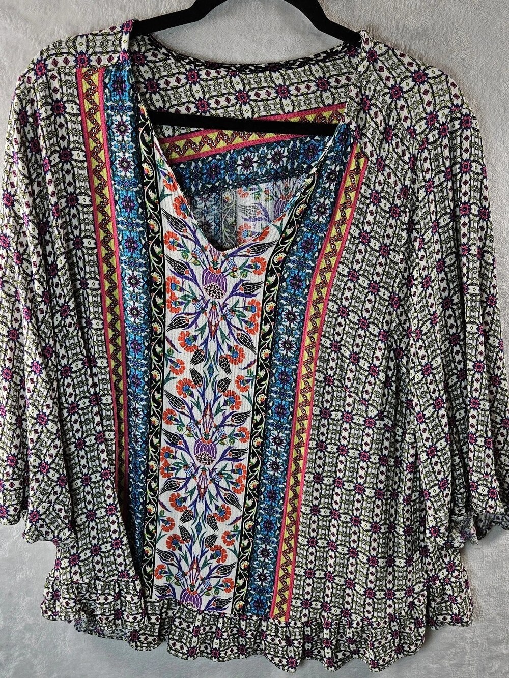 Boho Floral Geometric Mixed Print Viscose Tunic Blouse Women's Size Large